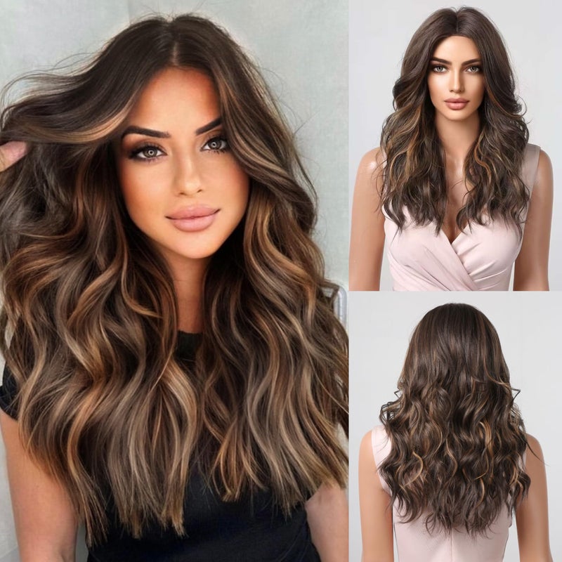باروكة HAIRCUBE بنية داكنة طويلة مع خصلات للنساء باروكة شعر صناعي مجعد ومتموج للاستخدام اليومي